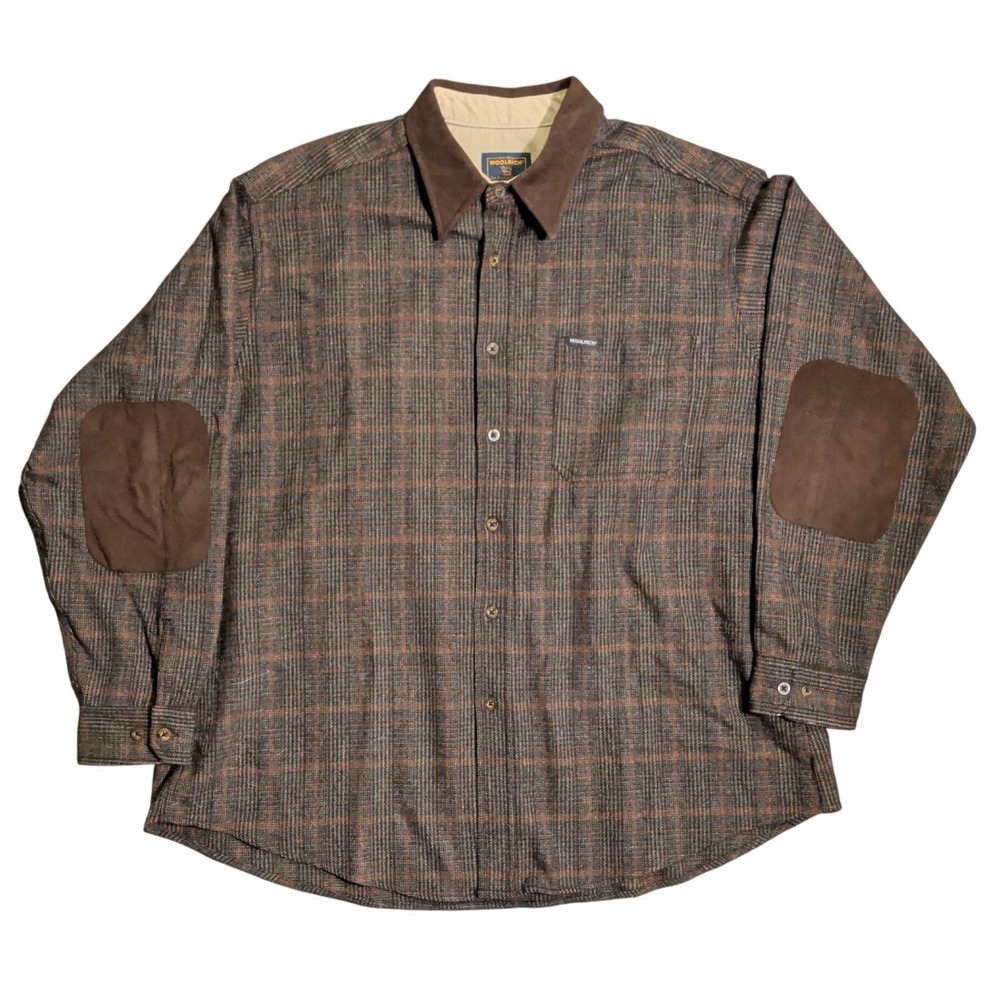 Vintage Woolrich Shirt Mens Size 2XL Wool Brown Plaid Shirt Elbow Patches